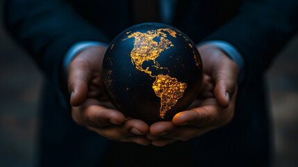Floating glowing Earth at night held in a businessman’s hands symbolizing eco development energy savings and sustainability representing global responsibility innovation and environmental care
