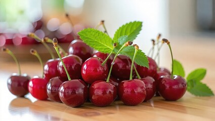 Freshly picked red cherries with green mint leaves on a wooden surface.
