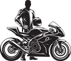 Motorcycle Rider and Sport Bike Silhouette Vector Illustration Man Standing with Helmet by Sportbike