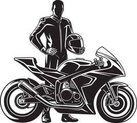 Motorcycle Rider and Sport Bike Silhouette Vector Illustration Man Standing with Helmet by Sportbike