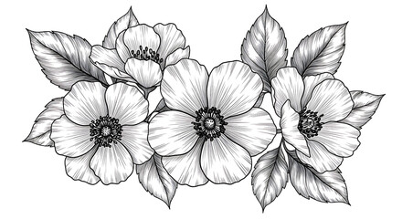 Elegant monochrome floral arrangement with detailed leaves and blossoms beautifully rendered