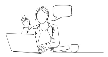 Woman with laptop computer in one continuous line drawing. Symbol of online texting and dialogue in simple linear style. Speech balloon in Editable stroke