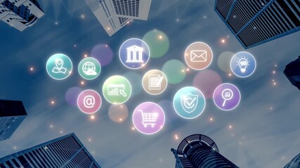 Set of business and digital service icons representing finance, cloud, analytics, email, communication, ecommerce, cybersecurity, and global connectivity in a modern ecosystem Marrow - Powered by Adobe