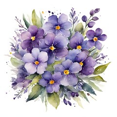 Watercolor painting with a bouquet of violet flowers.
