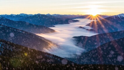 Golden Sunrise Over a Foggy Mountain Valley Landscape.