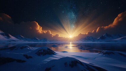 Golden Sunrise Over a Frozen Arctic Landscape.