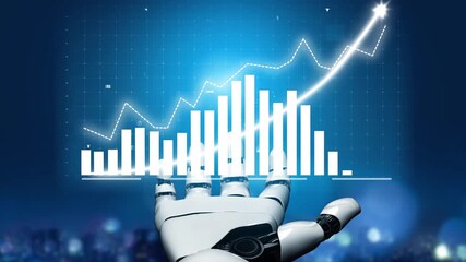 A robotic hand reaches toward a dynamic data visualization showcasing a rising graph, symbolizing growth and innovation in the technology-driven business landscape. Copula - Powered by Adobe