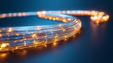 Futuristic gold, white, and silver high-tech submarine fiber optic cable in vibrant detail, symbolizing global connectivity, technological advancement, and seamless data transmission.