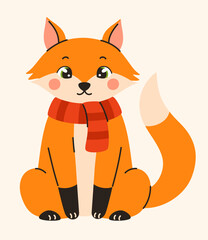 A cute fox wearing a red scarf. Flat vector illustration.