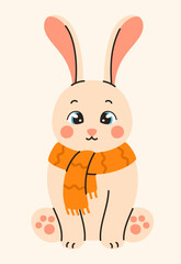 Cute rabbit wearing a scarf. Flat vector illustration.