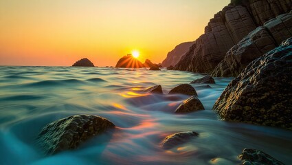 Golden sunset over the ocean with rocky coastline.