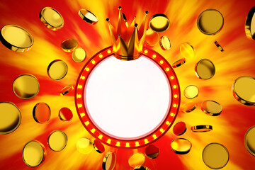 Winner jackpot banner red frame light bulb with gold coins flying around, gambling game, 3D rendering.