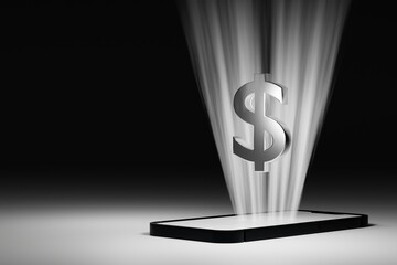 Dollar sign on smartphone mobile phone with light beam from screen, business concept, 3D rendering.
