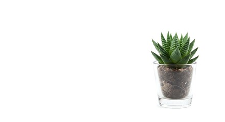 A small succulent plant with sharp, green leaves, potted in a clear glass container, set against a white background.