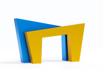Yellow and blue booth exhibition stand arch for product fair show, 3D rendering.