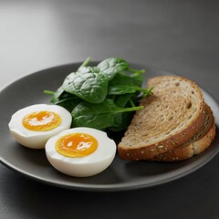 Healthy breakfast plate with boiled eggs, spinach and whole wheat toast.