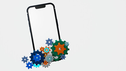 Smartphone with gear and cog wheels, maintenance, install application update, 3D rendering.