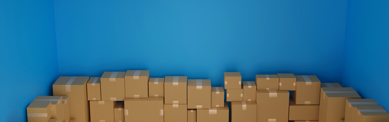 Stack of cardboard box carton or parcel in logistics warehouse. concept of delivering goods. Banner 3D rendering.
