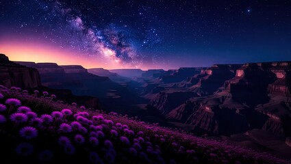 Grand Canyon at Night with Milky Way and Purple Flowers.