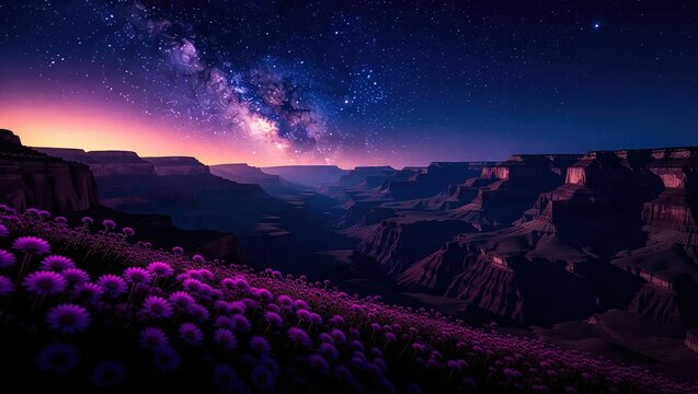 Grand Canyon at Night with Milky Way and Purple Flowers.