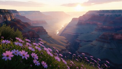 Grand Canyon Vista at Sunset with Wildflowers in Bloom.