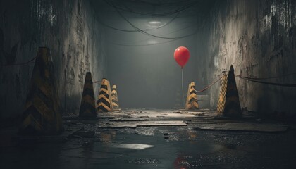 Red balloon in eerie restricted area, spooky 3D scene