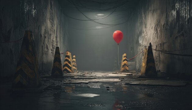 Red balloon in eerie restricted area, spooky 3D scene