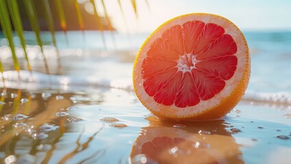 Grapefruit Slice on Beach - A Tropical Refreshment by the Sea.