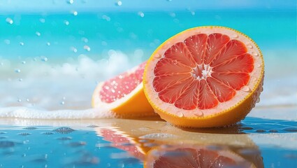 Grapefruit Slices on Beach - Refreshing Summer Fruit.