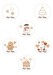 Christmas Round Gift Tag Set with ‘For You’ Text (6 Designs, Transparent Background, Icing Cookie Style)