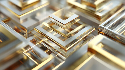 Gold white and silver geometric shapes with triangles squares and diagonal neon light layers symbolizing professionalism innovation and growth representing modern abstract design and corporate aesthet
