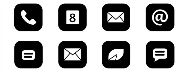 Elegant Black and White Contact Information Icon Set on White Background Featuring Phone, Calendar, Email, and Chat Symbols for Communication