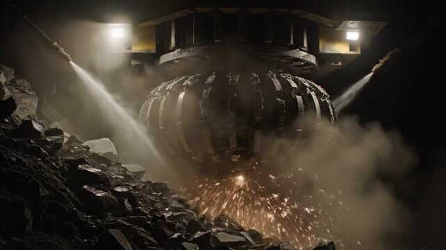 Underground Tunnel Boring Machine Drilling Through Rocky Ground

