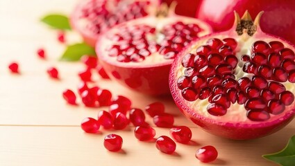 Juicy Red Pomegranate Fruit Halved on a Wooden Table.