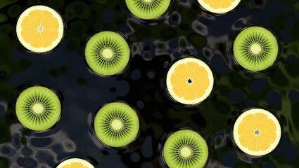 Kiwi and Orange Slices Floating on Dark Background.