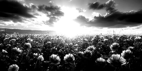 flower field at sunset with dramatic clouds and illuminating blossoms