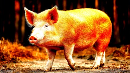 Brown pig walking on a farm surrounded by straw and wooden fence in autumn daylight - High Contrast