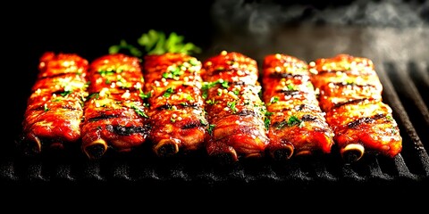 Grilled ribs garnished with herbs on a barbecue grill in a dimly lit kitchen - High Contrast