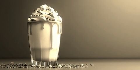 Creamy dessert beverage topped with whipped cream and caramel drizzle on a background