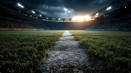 soccer field under dramatic clouds during twilight showcasing stadium atmosphere
