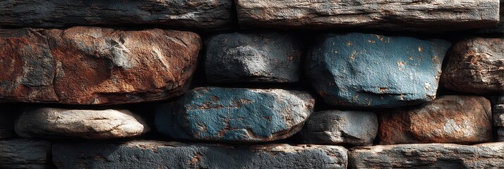 Textured stone wall with earthy tones and unique patterns in natural light