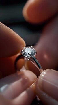 Jeweler meticulously setting a brilliant diamond solitaire ring, showcasing craftsmanship and luxury in a jewelry workshop setting with precise hand movements