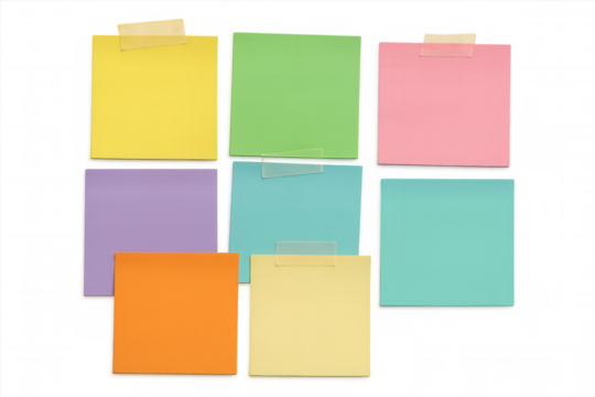 Colorful sticky notes for business communication, important reminders, and creative brainstorming on transparent background