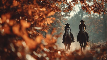 Two riders on horseback navigate through an autumn forest trail in soft morning light