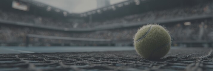 Tennis ball lying on the net at an outdoor stadium during an intense match with a large crowd watching - Low Contrast