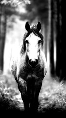 Majestic horse walking through a foggy forest pathway surrounded by tall trees and autumn foliage