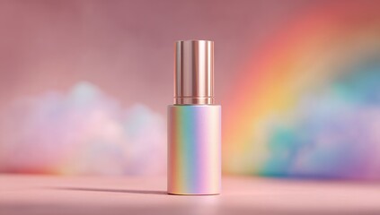 Rose gold iridescent bottle on a pastel pink background with rainbow clouds
