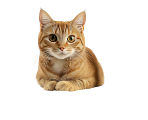 Alert orange tabby cat, curled paws, and big golden eyes staring forward