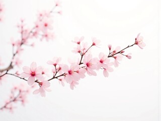 A delicate branch of blooming pink cherry blossoms set against a soft, bright white background.