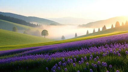 Misty Morning over Lavender Fields in a Serene Valley Landscape.